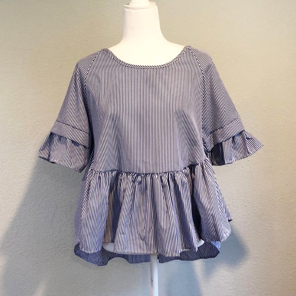 Boutique White & Navy Striped Peplum Blouse